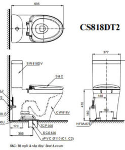 Bản vẽ kỹ thuật Bàn Cầu TOTO 2 Khối CS818DT2 Nắp Đóng Êm