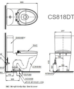 Bản vẽ kỹ thuật Bàn Cầu TOTO 2 Khối CS818DT3 Nắp Đóng Êm