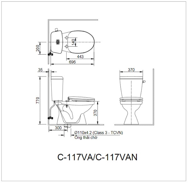 Bản vẽ kỹ thuật Bàn Cầu Inax 2 Khối C-117VA Nắp Thường