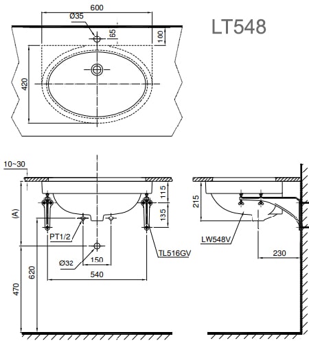 Bản vẽ kỹ thuật Chậu Rửa Lavabo Âm Bàn TOTO LT548