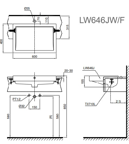 Bản vẽ kỹ thuật Chậu Rửa Lavabo Bán Âm Bàn TOTO LW646JW/F