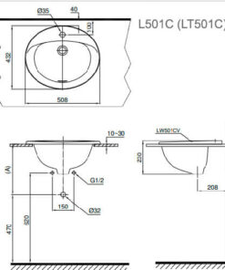 Bản Vẽ Kỹ Thuật Chậu Rửa Lavabo Dương Vành TOTO L501C (LT501C)