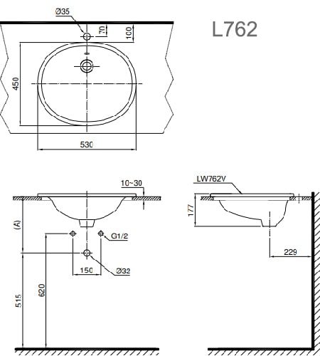 Bản vẽ kỹ thuật Chậu Rửa Lavabo Dương Vành TOTO L762