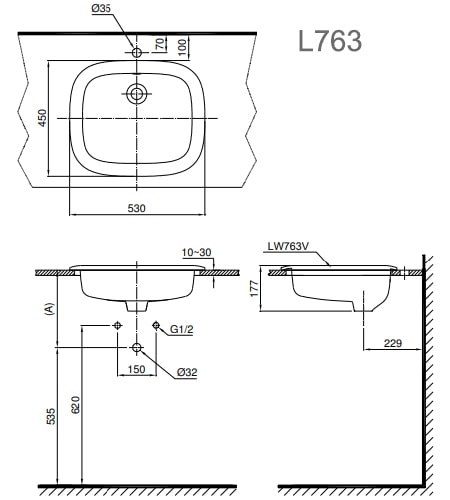 Bản vẽ kỹ thuật Chậu Rửa Lavabo Dương Vành TOTO L763