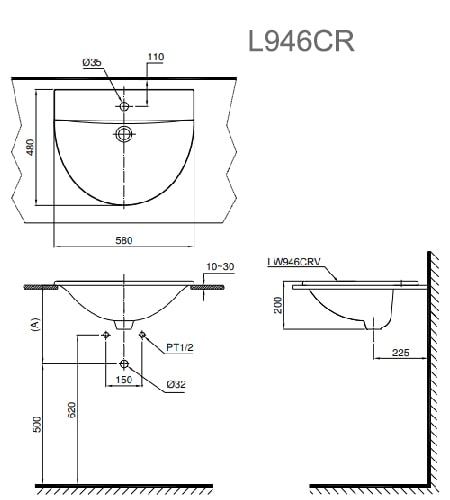Bản vẽ kỹ thuật Chậu Rửa Lavabo Dương Vành TOTO L946CR