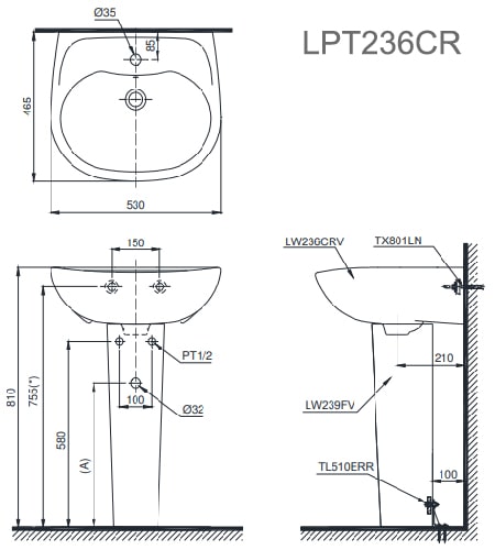 Bản vẽ kỹ thuật Chậu Rửa Lavabo Treo Tường Chân Dài TOTO LPT236CR