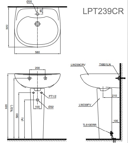 Bản vẽ kỹ thuật Chậu Rửa Lavabo Treo Tường Chân Dài TOTO LPT239CR