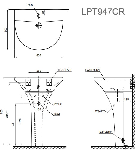 Bản vẽ kỹ thuật Chậu Rửa Lavabo Treo Tường Chân Dài TOTO LPT947CR