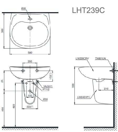 Bản vẽ kỹ thuật Chậu Rửa Lavabo Treo Tường Chân Lửng TOTO LHT239C