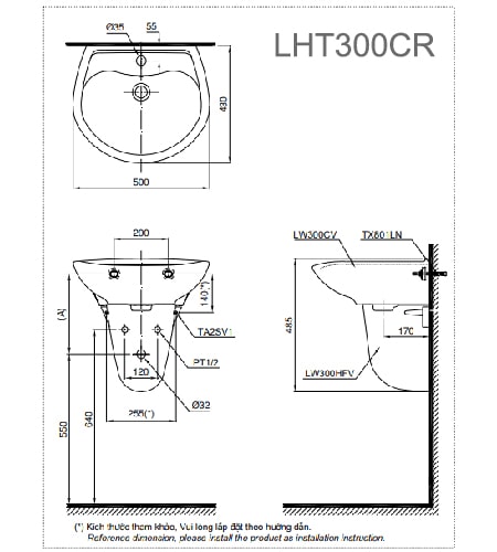 Bản vẽ kỹ thuật Chậu Rửa Lavabo Treo Tường Chân Lửng TOTO LHT300CR