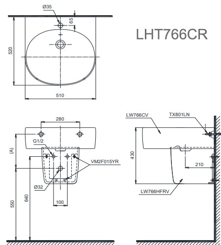 Bản vẽ kỹ thuật Chậu Rửa Lavabo Treo Tường Chân Lửng TOTO LHT766CR