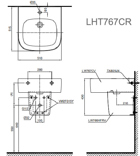 Bản vẽ kỹ thuật Chậu Rửa Lavabo Treo Tường Chân Lửng TOTO LHT767CR
