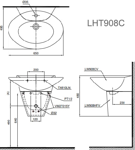 Bản vẽ kỹ thuật Chậu Rửa Lavabo Treo Tường Chân Lửng TOTO LHT908C