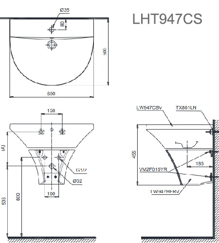 Bản vẽ kỹ thuật Chậu Rửa Lavabo Treo Tường Chân Lửng TOTO LHT947CS