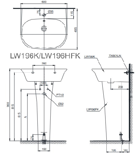 Bản vẽ kỹ thuật Chậu Rửa Lavabo Treo Tường Chân Lửng TOTO LW196K/LW196HFK
