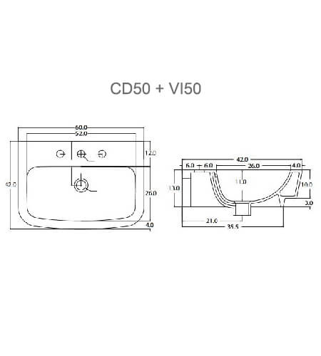 Bản Vẽ Kỹ Thuật Chậu rửa lavabo Treo tường chân ngắn Viglacera CD50 + VI50