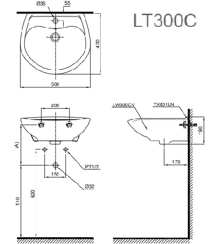 Bản vẽ kỹ thuật Chậu Rửa Lavabo Treo Tường TOTO LT300C