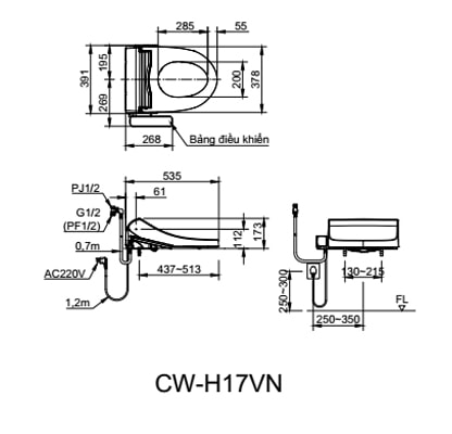 Bản vẽ kỹ thuật Nắp Rửa Điện Tử Inax CW-H17VN