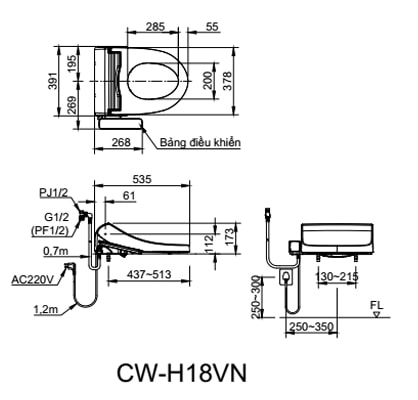 Bản vẽ kỹ thuật Nắp Rửa Điện Tử Inax CW-H18VN