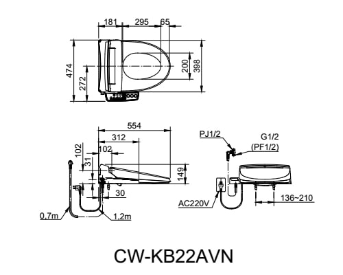 Bản vẽ kỹ thuật Nắp Rửa Điện Tử Inax CW-KB22AVN
