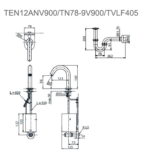 Bản vẽ kỹ thuật Vòi Cảm Ứng Lavabo TOTO TEN12ANV900/TN78-9V900/TVLF405 Lạnh