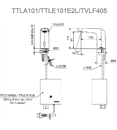 Bản vẽ kỹ thuật Vòi Cảm Ứng Lavabo TOTO TTLA101/TTLE101E2L/TVLF405 Lạnh