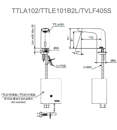 Bản vẽ kỹ thuật Vòi Cảm Ứng Lavabo TOTO TTLA102/TTLE101B2L/TVLF405 Lạnh