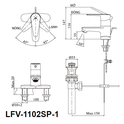 Bản vẽ kỹ thuật Vòi Lavabo INAX LFV-1102SP-1 Nóng Lạnh