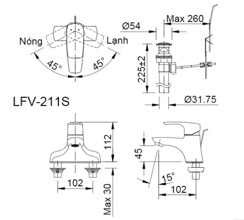 Bản vẽ kỹ thuật Vòi Lavabo INAX LFV-211S Nóng Lạnh