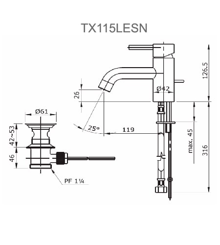 Bản vẽ kỹ thuật Vòi Lavabo TOTO TX115LESN Nóng Lạnh