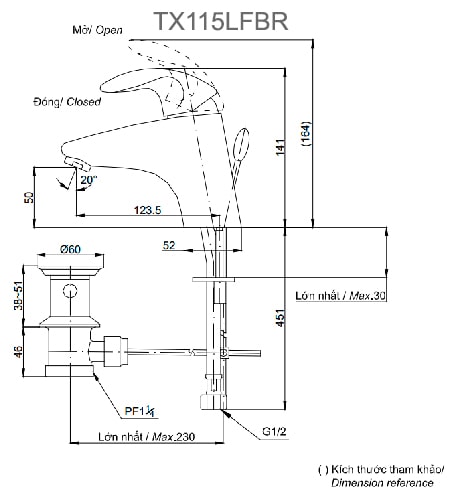 Bản vẽ kỹ thuật Vòi Lavabo TOTO TX115LFBR Nóng Lạnh