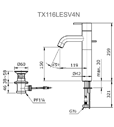Bản vẽ kỹ thuật Vòi Lavabo TOTO TX116LESV4N Đặt Bàn Nóng Lạnh