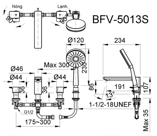 Bản vẽ kỹ thuật Vòi Sen Tắm Gắn Bồn INAX BFV-7000B Nóng Lạnh
