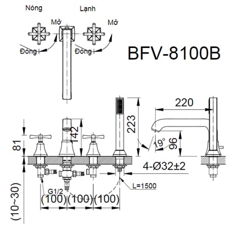 Bản vẽ kỹ thuật Vòi Sen Tắm Gắn Bồn INAX BFV-8100B Nóng Lạnh