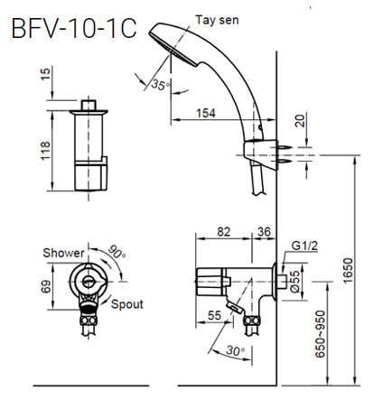 Bản vẽ kỹ thuật Vòi Sen Tắm INAX BFV-10-1C Lạnh
