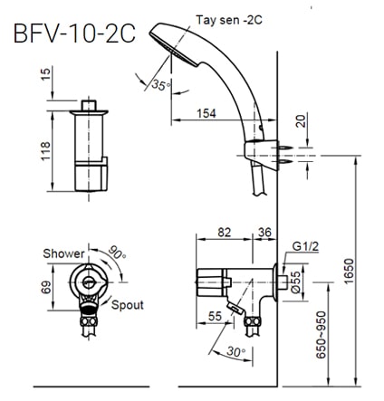 Bản vẽ kỹ thuật Vòi Sen Tắm INAX BFV-10-2C Lạnh