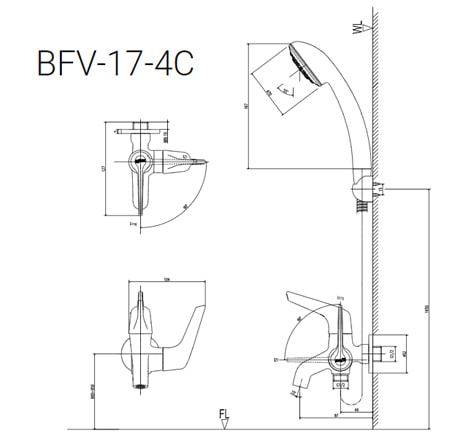 Bản vẽ kỹ thuật Vòi Sen Tắm INAX BFV-17-4C Lạnh