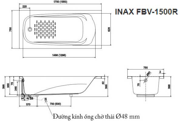 Bản vẽ kỹ thuật Bồn tắm Inax Ocean FBV-1500R