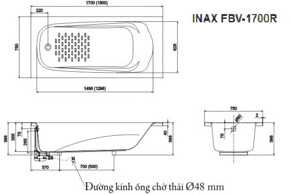 Bản vẽ kỹ thuật Bồn tắm Inax Ocean FBV-1700R
