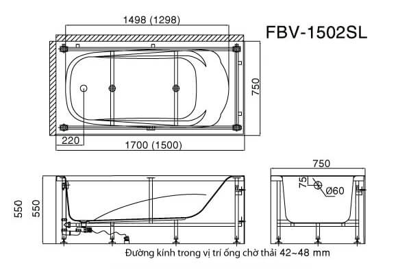 Bản vẽ kỹ thuật Bồn tắm Inax Yếm FBV-1502SL, FBV-1502SR