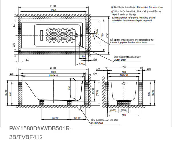Bản vẽ kỹ thuật Bồn tắm TOTO PAY1580D#W/DB501R-2B/TVBF412