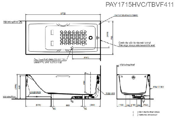 Bản vẽ kỹ thuật Bồn tắm TOTO PAY1715HVC/TBVF411