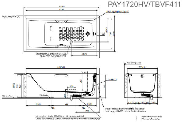 Bản vẽ kỹ thuật Bồn tắm TOTO PAY1720HV/TBVF411