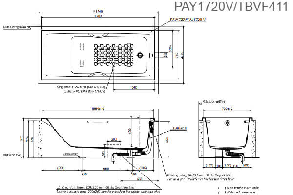 Bản vẽ kỹ thuật Bồn tắm TOTO PAY1720V/TBVF411