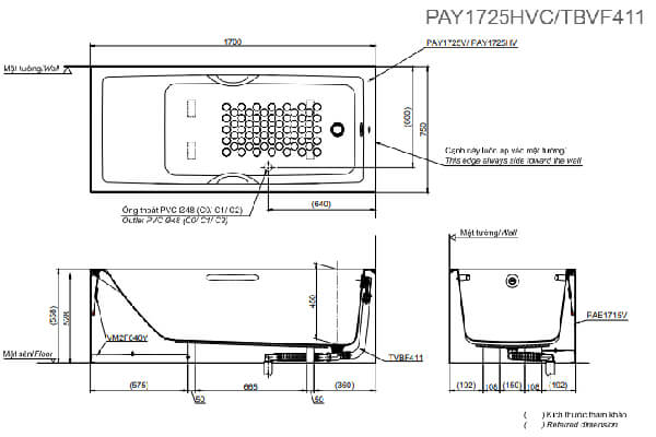 Bản vẽ kỹ thuật Bồn tắm TOTO PAY1725HVC/TBVF411