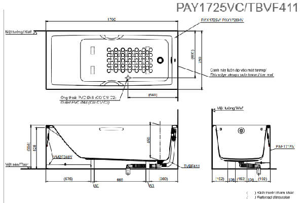 Bản vẽ kỹ thuật Bồn tắm TOTO PAY1725VC/TBVF411