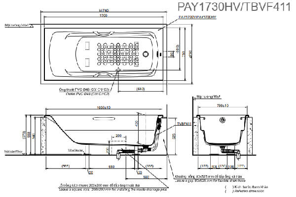 Bản vẽ kỹ thuật Bồn tắm TOTO PAY1730HV/TBVF411