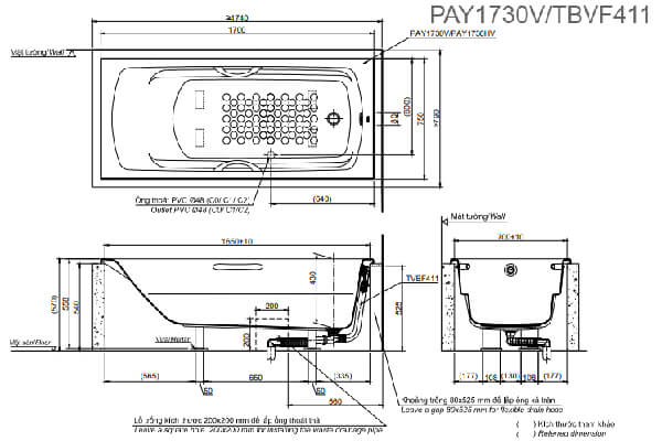 Bản vẽ kỹ thuật Bồn tắm TOTO PAY1730V/TBVF411