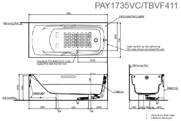 Bản vẽ kỹ thuật Bồn tắm TOTO PAY1735VC/TBVF411