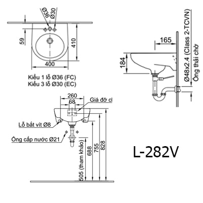 Bản vẽ kỹ thuật Chậu Rửa Lavabo Treo Tường INAX L-282V